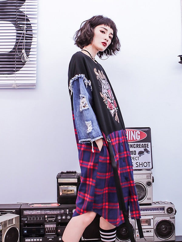 Stylish Jean Splicing Hip-Hop Printed Plaid False Two Dress