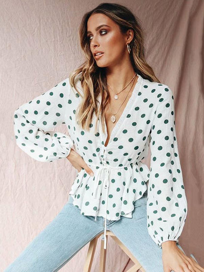 Polka Dot Falbala Puff Sleeves Blouses&Shirts Top