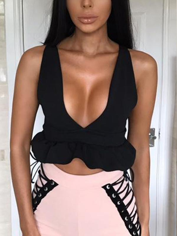 Solid V-neck Sleeveless Falbala Tank