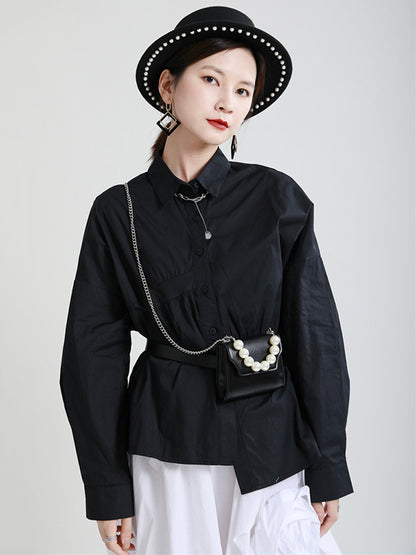 Original Irregular Solid Color Split-Joint Pleated Buttoned Lapel Collar Long Sleeves Blouse