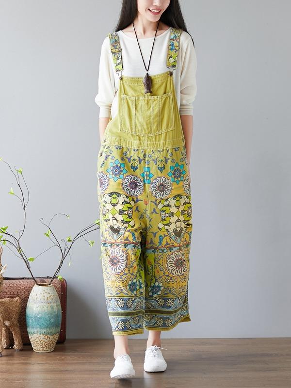 NATIONAL STYLE PRINTED LOOSE JEAN JUMPSUIT - Zebrant