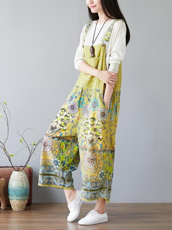 NATIONAL STYLE PRINTED LOOSE JEAN JUMPSUIT - Zebrant