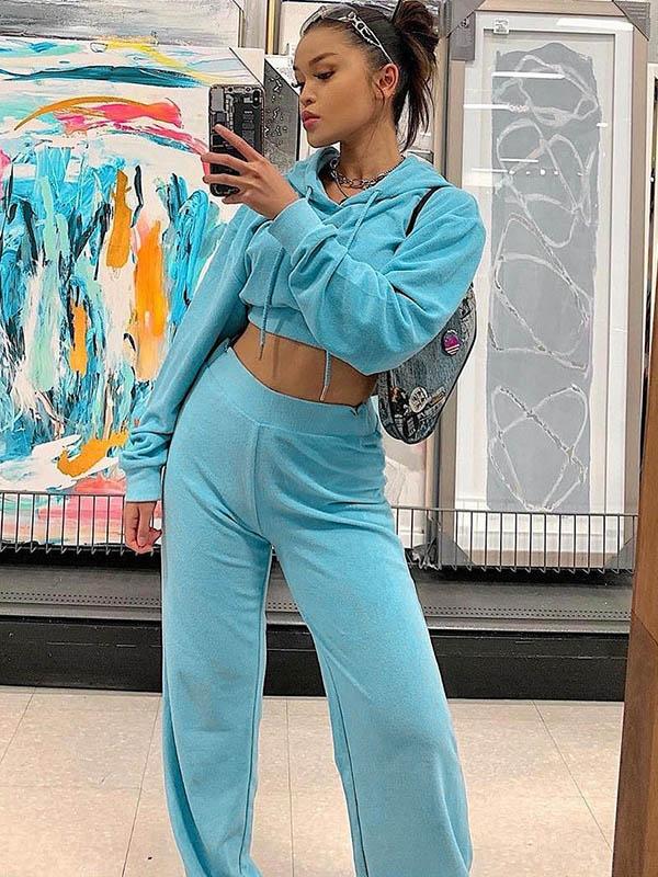 Solid Bare Midriff Hoodie&Pants Sports Suits