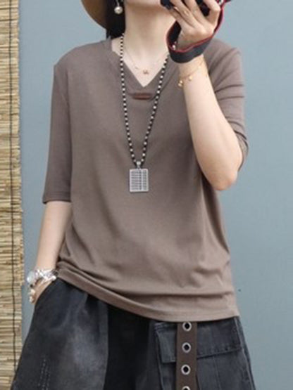 Simple Solid Color V-Neck Short Sleeves T-Shirt Tops