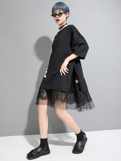 Mesh Asymmetric Printed Split-joint T-Shirt Dress