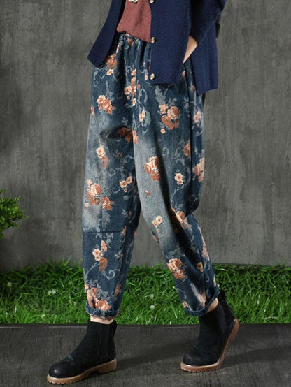 Vintage Denim Floral Harem Pants