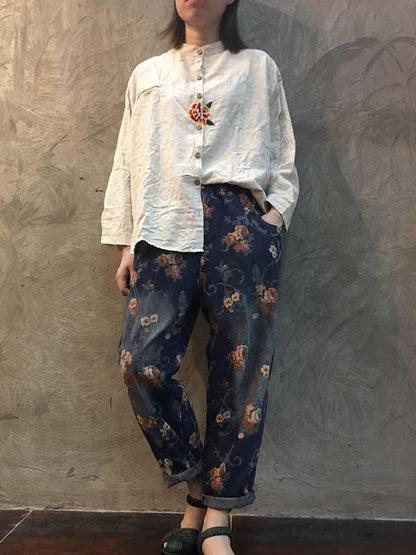 Vintage Denim Floral Harem Pants