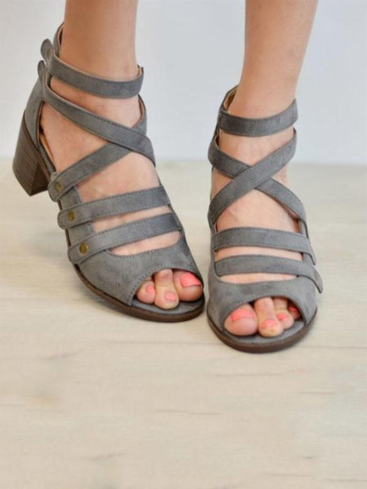 Fashion Open-toe Multi-Strap Mid-heel Sandals Shoes