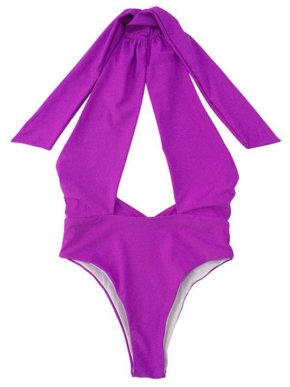 Solid Bandage Halter-neck One-piece Swimwear