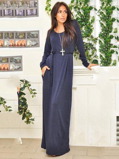 Solid Round-neck Long Sleeves Maxi Dress