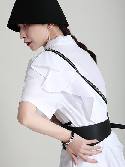 Stylish Irregular Split-Joint Falbala Buttoned Lapel Collar Short Sleeves Midi Dress