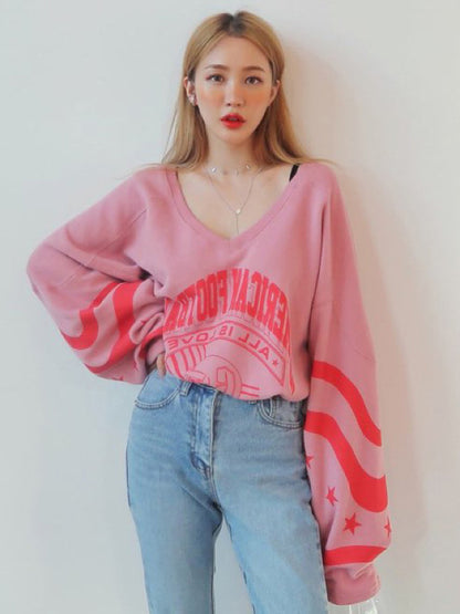 LOOSE PRINTED V-NECK SWEATSHIRT