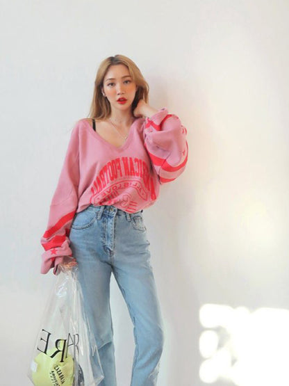LOOSE PRINTED V-NECK SWEATSHIRT
