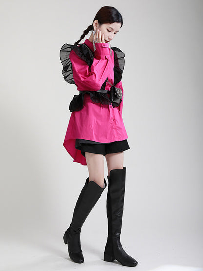 Stylish Irregular Contrast Color Split-Joint Falbala Mesh Drawstring Buttoned Lapel Collar Long Sleeves Blouse
