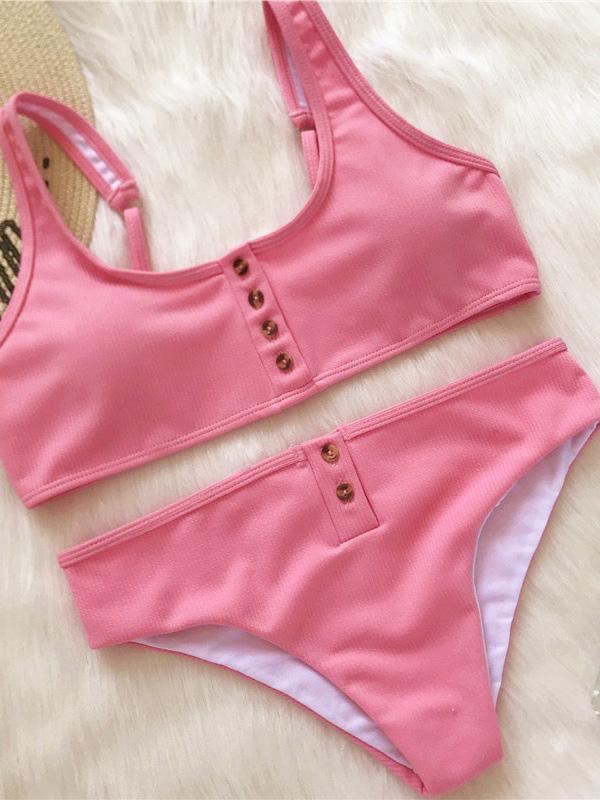 Button Solid Beach Bikinis Swimwear