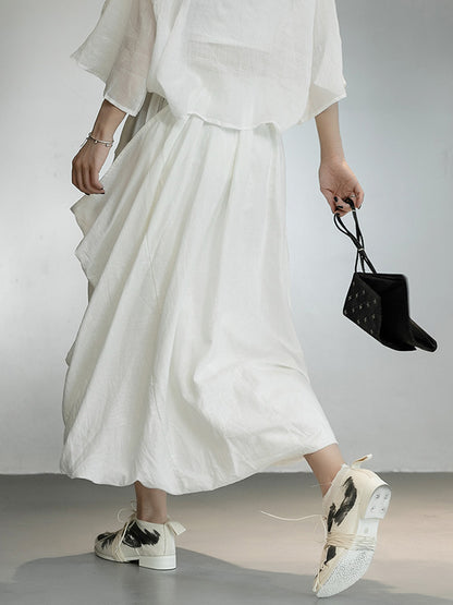 Casual Ramie Cotton Asymmetric Solid Color Irregular Tiered Loose Skirts