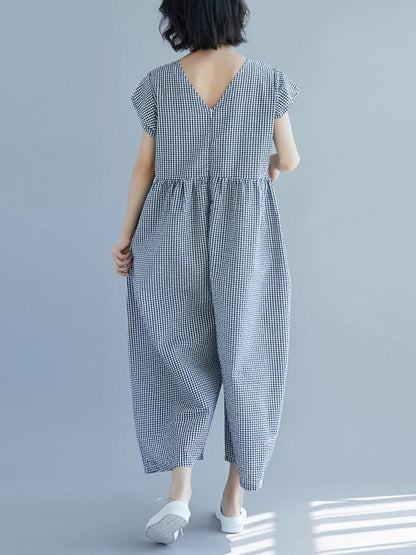 Loose Empire V-neck Plaid Jumpsuit