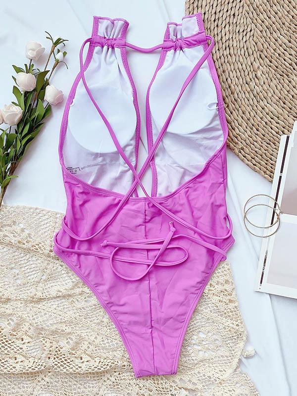 Solid Color Bandage Backless One-Piece Swimwear