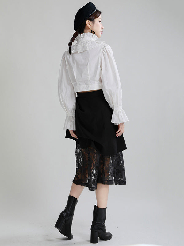 Stylish Solid Color Falbala Buttoned Pleated Stand Collar Long Puff Sleeves High-Waist Blouse