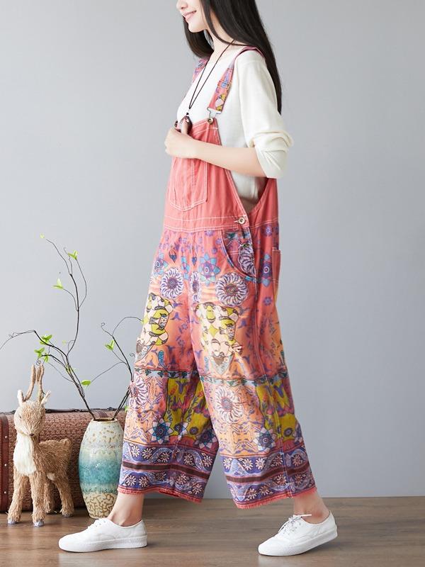 NATIONAL STYLE PRINTED LOOSE JEAN JUMPSUIT - Zebrant