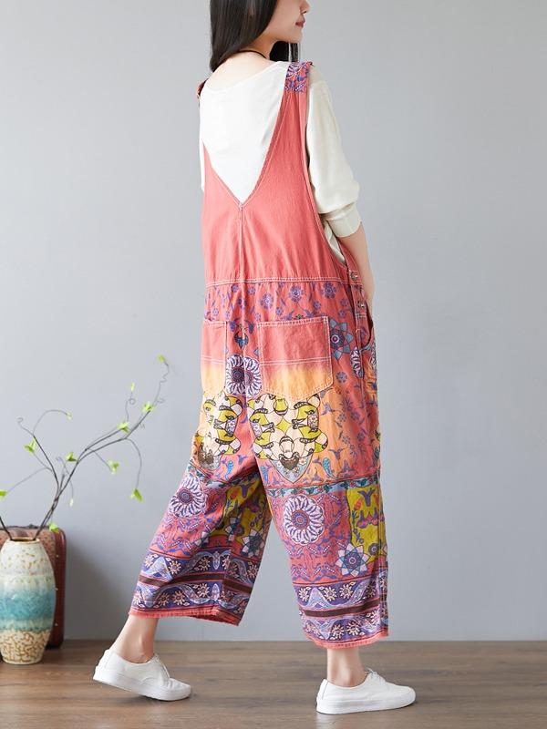 NATIONAL STYLE PRINTED LOOSE JEAN JUMPSUIT - Zebrant