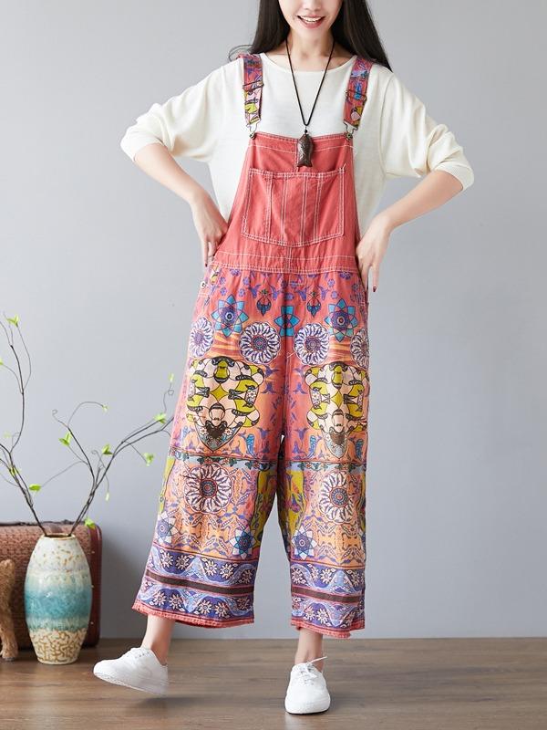 NATIONAL STYLE PRINTED LOOSE JEAN JUMPSUIT - Zebrant
