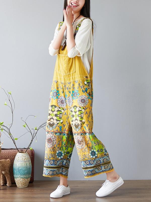 NATIONAL STYLE PRINTED LOOSE JEAN JUMPSUIT - Zebrant
