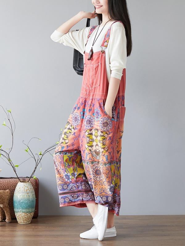 NATIONAL STYLE PRINTED LOOSE JEAN JUMPSUIT - Zebrant