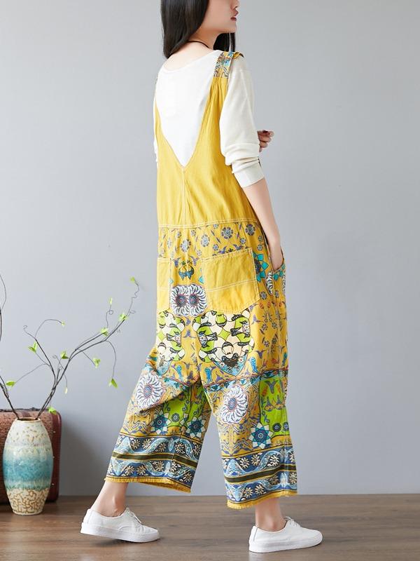 NATIONAL STYLE PRINTED LOOSE JEAN JUMPSUIT - Zebrant
