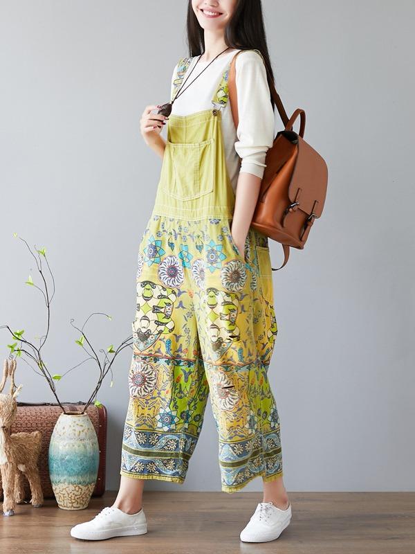 NATIONAL STYLE PRINTED LOOSE JEAN JUMPSUIT - Zebrant