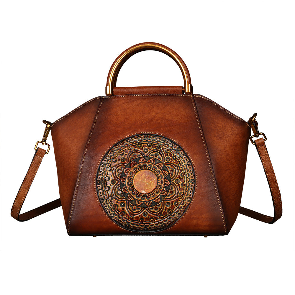Women Genuine Leather Vintage Totem Designer Handbag Shoulder Bag