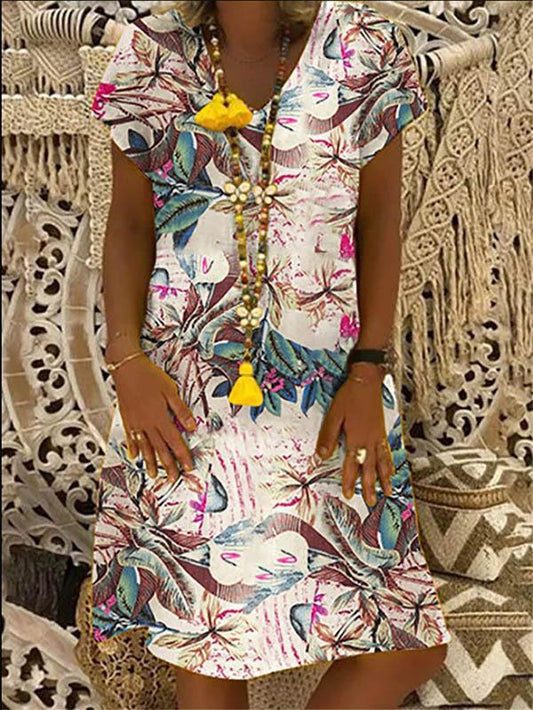 Loose Printed V-neck Midi Dress