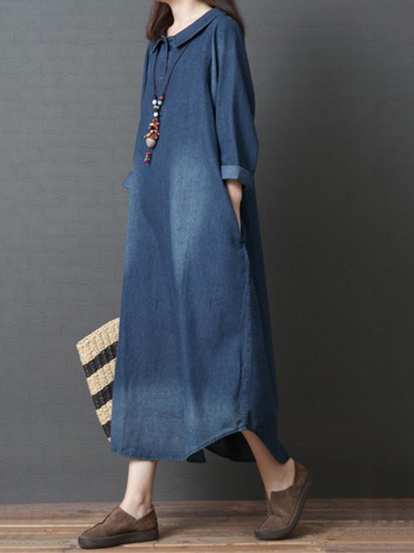 Plus Size Loose Denim Shirt Maxi Dresses