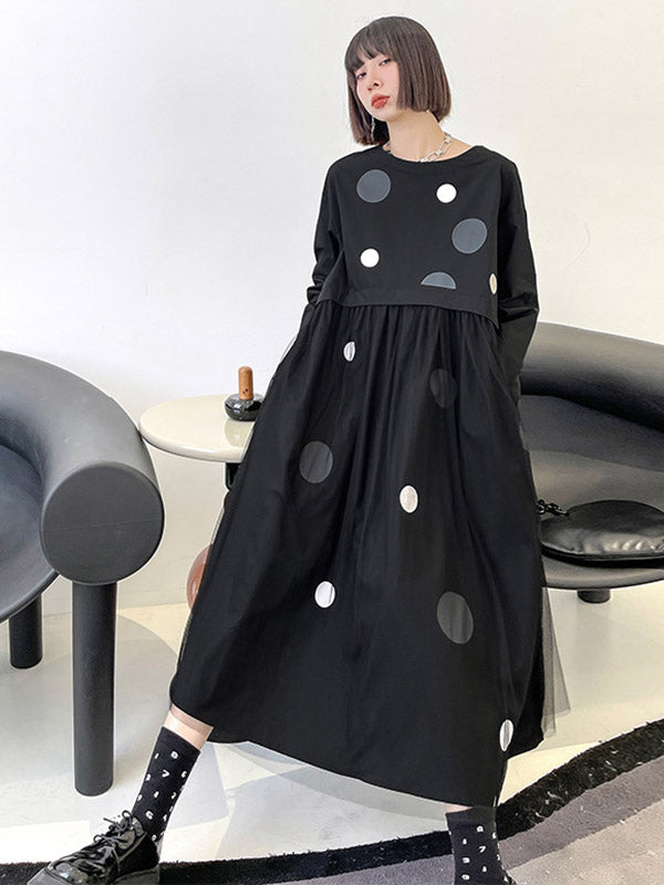 Stylish Split-Joint Pleated Polka-Dot Round-Neck Long Sleeves Midi Dress