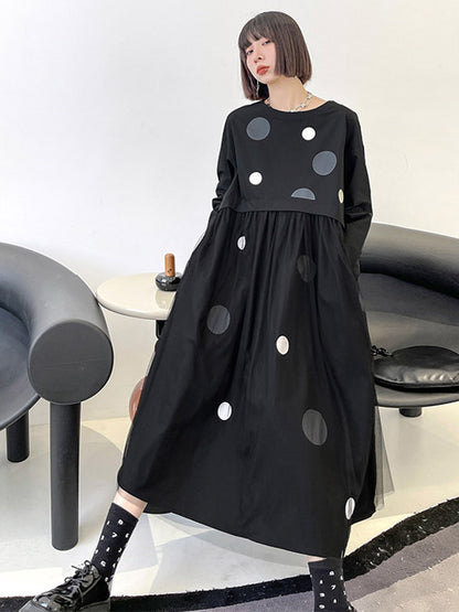 Stylish Split-Joint Pleated Polka-Dot Round-Neck Long Sleeves Midi Dress