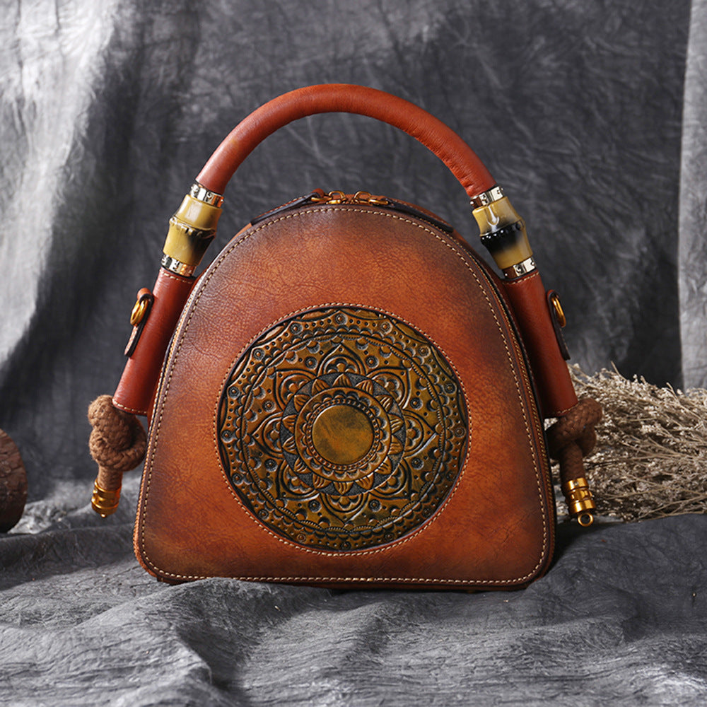 WOMEN GENUINE LEATHER VINTAGE TOTEM DESIGNER HANDBAG SHOULDER BAG