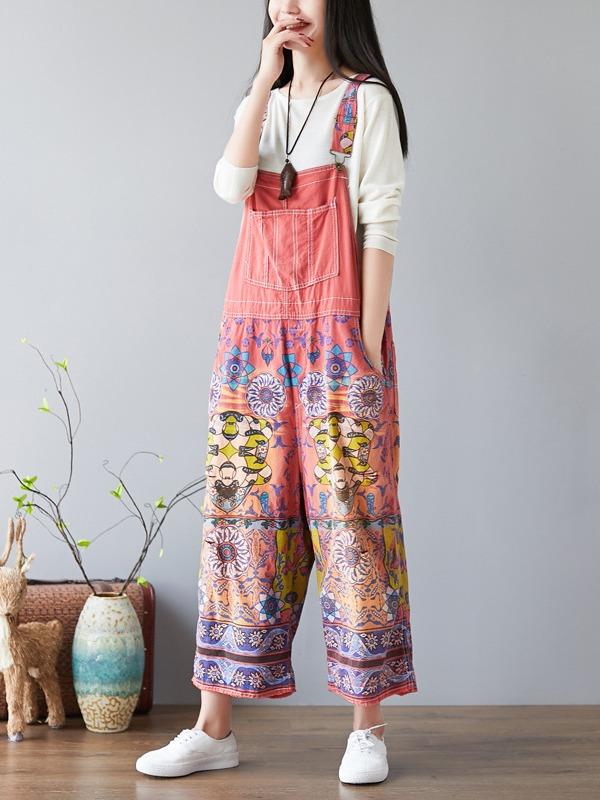 NATIONAL STYLE PRINTED LOOSE JEAN JUMPSUIT - Zebrant