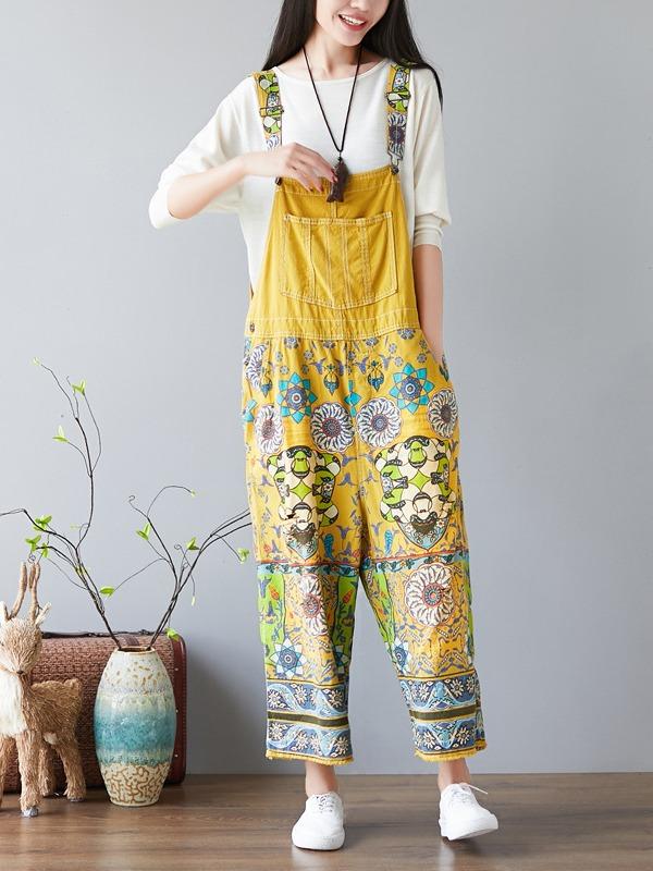 NATIONAL STYLE PRINTED LOOSE JEAN JUMPSUIT - Zebrant