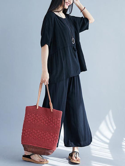 Plus Size Loose Solid Wide-leg Two-piece Suits