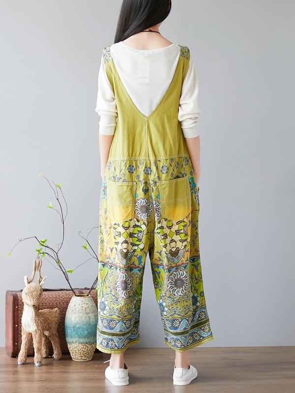 NATIONAL STYLE PRINTED LOOSE JEAN JUMPSUIT - Zebrant