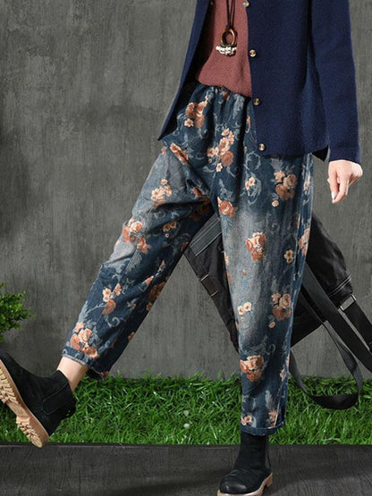 Vintage Denim Floral Harem Pants
