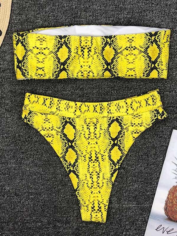 Snakeskin Print Top With High Cut Bikini Set