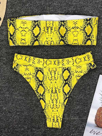 Snakeskin Print Top With High Cut Bikini Set