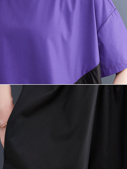 Original Loose Contrast Color Pleated Midi Dress