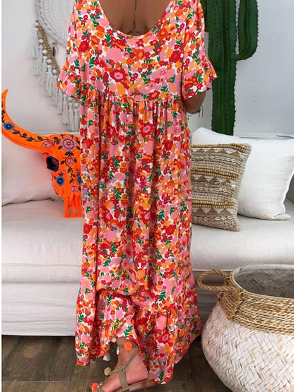 Loose Printed Round Neck Maxi Dress