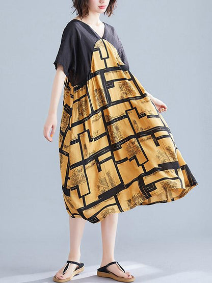Cotton Linen Printed  V-neck Dress