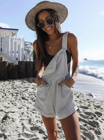 Loose Striped Pockets Overalls Shorts
