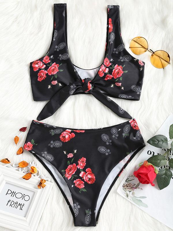 Knotting High Waist Printed Bikinis Swimwear