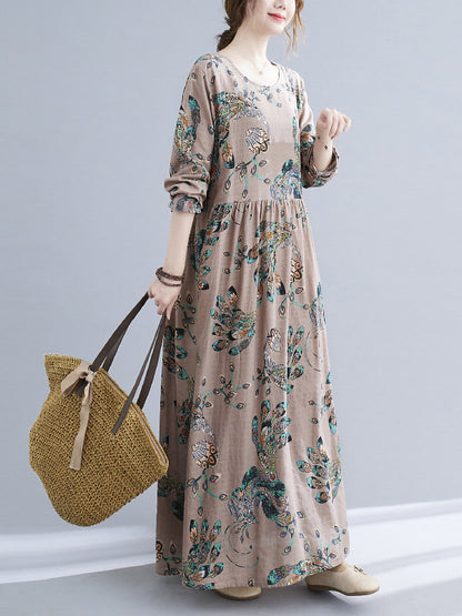 Vintage Ramie Cotton Floral Printed Round-Neck Long Sleeves Loose Maxi Dress