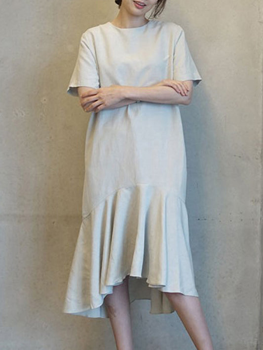 Original Solid Color Short Sleeve Falbala Midi Dress